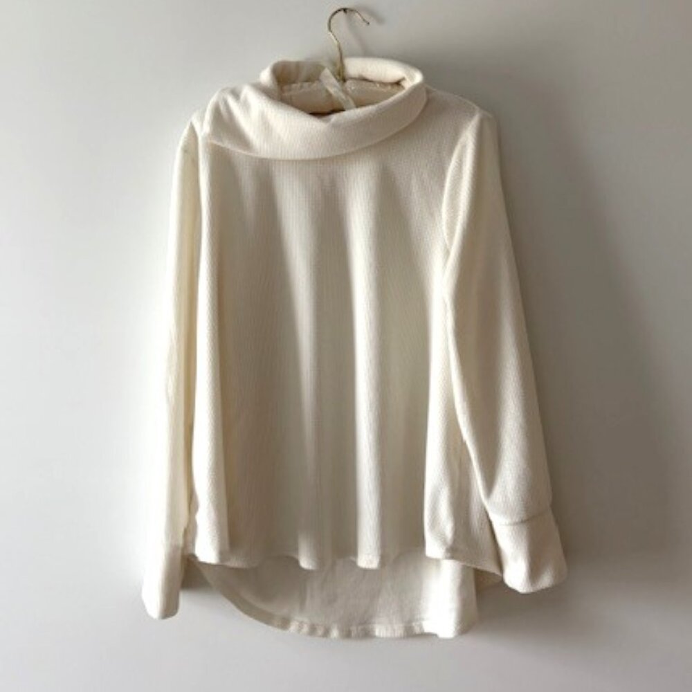 Cupio Blush Cream Asymmetrical Cowl Neck Top with Long Sleeves